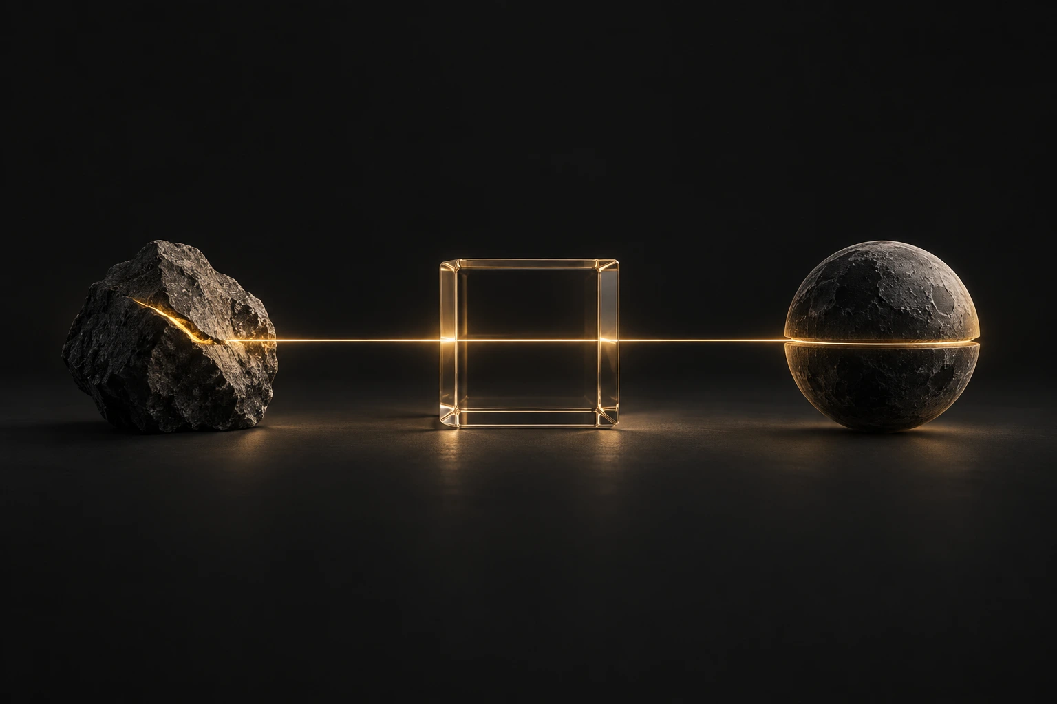 A lunar stone, a glass cube and a finished sphere connected by one line of light